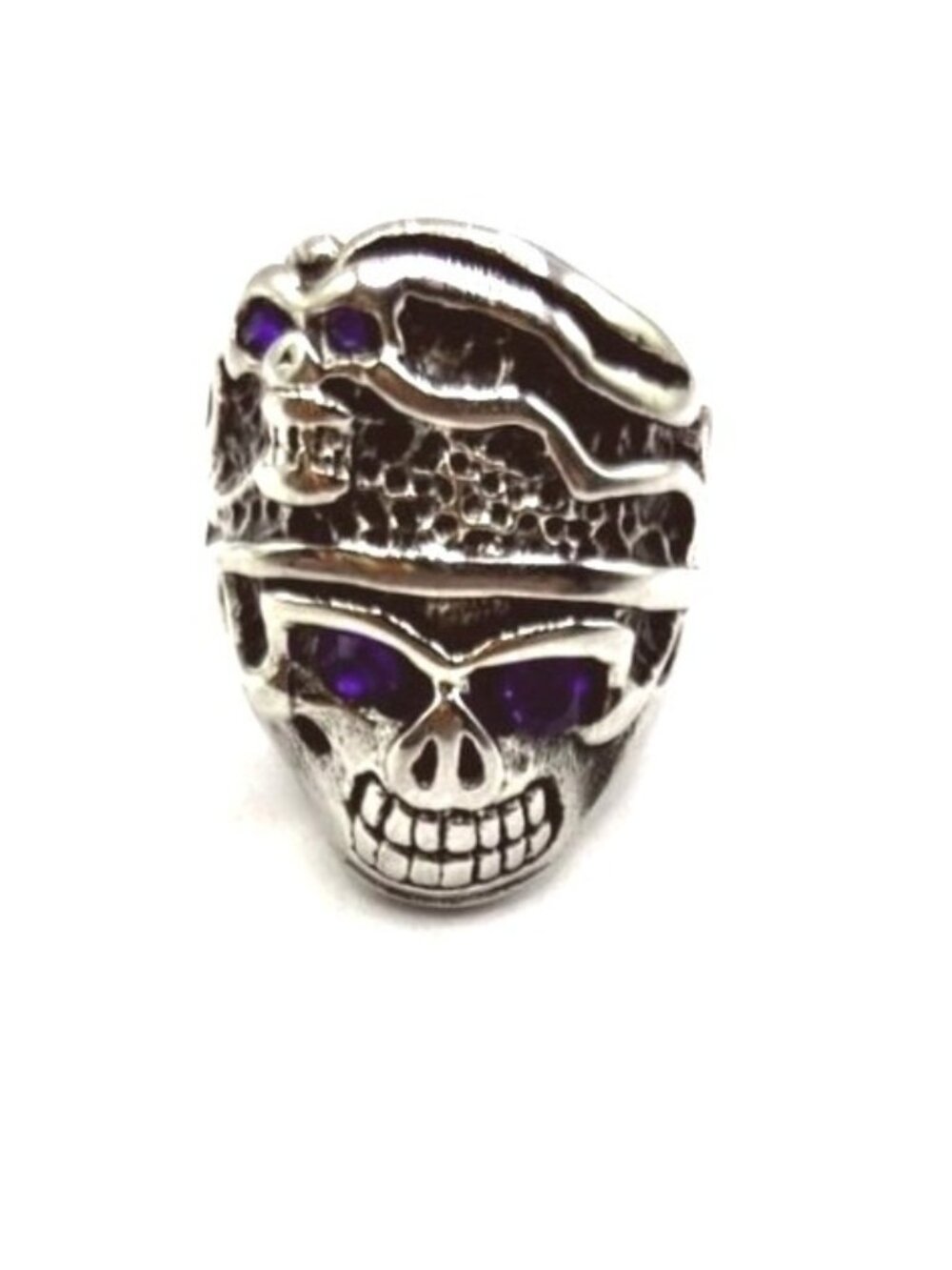 Silver Tone Skull Ring With Purple Stone Eyes Men’s Size 9